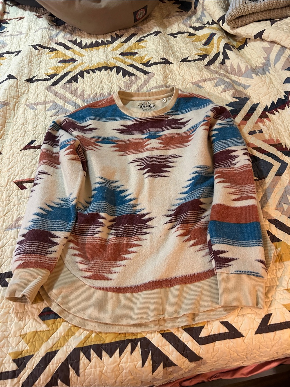 Tribal-Style Crewneck Sweater in Cream with Blue & Rust Accents